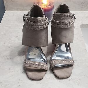 Size 7M Taupe Suede High Heel Sandals with Ankle Cuff. slightly used.
